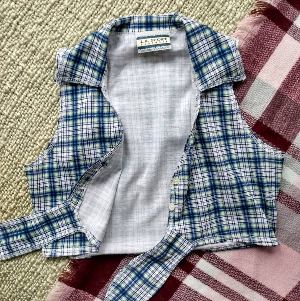 Vintage 90's Blue Plaid Knot Front Sleeveless Top - Picture 5 of 8